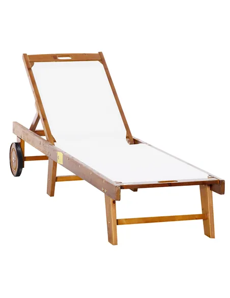 Outsunny Outdoor Acacia Wood Texteline Beach Sun Lounger Garden Patio Sunbed Recliner Chaise Adjustable Backrest with Wheels