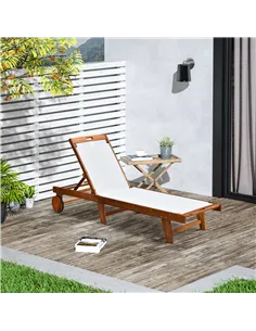 Outsunny Outdoor Acacia Wood Texteline Beach Sun Lounger Garden Patio Sunbed Recliner Chaise Adjustable Backrest with Wheels 2