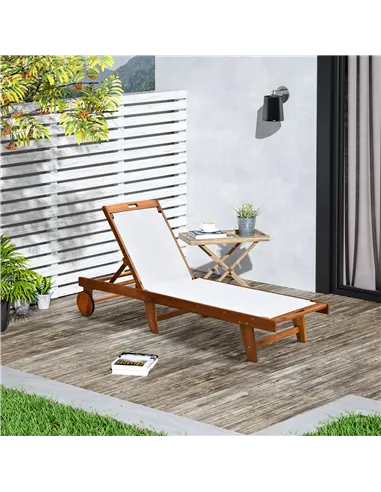 Outsunny Outdoor Acacia Wood Texteline Beach Sun Lounger Garden Patio Sunbed Recliner Chaise Adjustable Backrest with Wheels