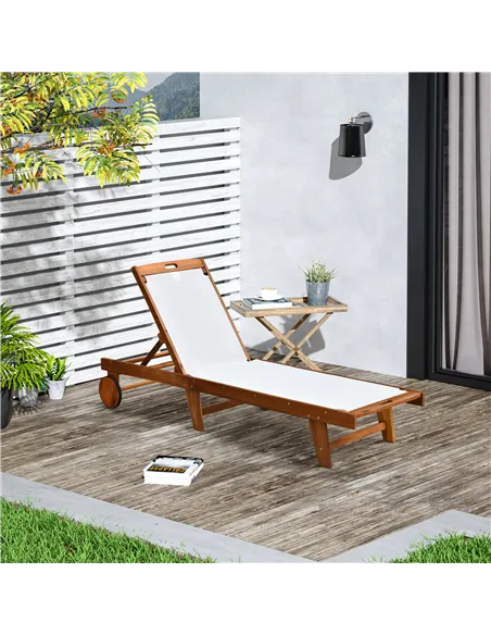 Outsunny Outdoor Acacia Wood Texteline Beach Sun Lounger Garden Patio Sunbed Recliner Chaise Adjustable Backrest with Wheels