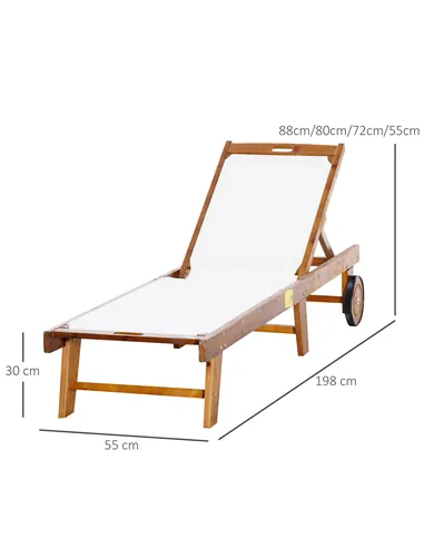 Outsunny Outdoor Acacia Wood Texteline Beach Sun Lounger Garden Patio Sunbed Recliner Chaise Adjustable Backrest with Wheels