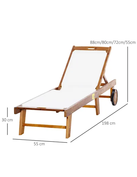 Outsunny Outdoor Acacia Wood Texteline Beach Sun Lounger Garden Patio Sunbed Recliner Chaise Adjustable Backrest with Wheels