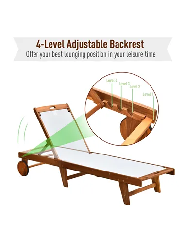 Outsunny Outdoor Acacia Wood Texteline Beach Sun Lounger Garden Patio Sunbed Recliner Chaise Adjustable Backrest with Wheels