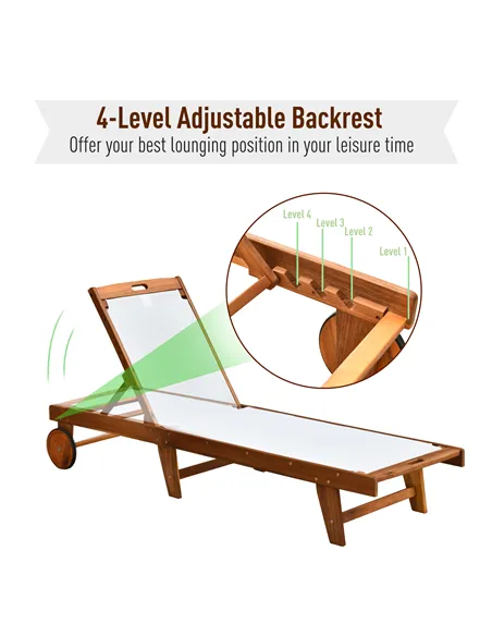 Outsunny Outdoor Acacia Wood Texteline Beach Sun Lounger Garden Patio Sunbed Recliner Chaise Adjustable Backrest with Wheels