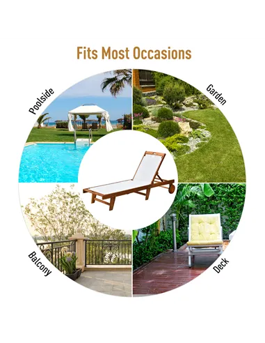 Outsunny Outdoor Acacia Wood Texteline Beach Sun Lounger Garden Patio Sunbed Recliner Chaise Adjustable Backrest with Wheels