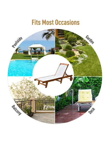 Outsunny Outdoor Acacia Wood Texteline Beach Sun Lounger Garden Patio Sunbed Recliner Chaise Adjustable Backrest with Wheels