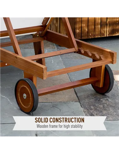 Outsunny Outdoor Acacia Wood Texteline Beach Sun Lounger Garden Patio Sunbed Recliner Chaise Adjustable Backrest with Wheels