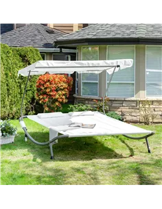 Outsunny Double Sun Lounger with Adjustable Detachable Canopy, Portable Garden Daybed for 2 with Wheels, Outdoor Sunbed Hammock  2