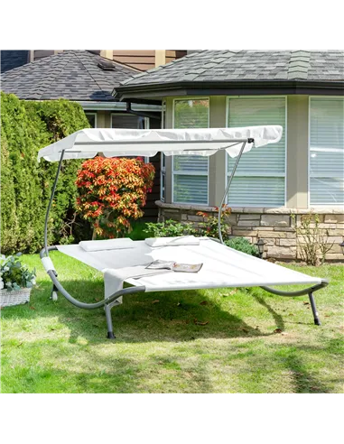 Outsunny Double Sun Lounger with Adjustable Detachable Canopy, Portable Garden Daybed for 2 with Wheels, Outdoor Sunbed Hammock 