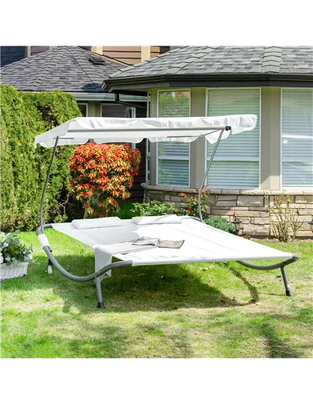 Outsunny Double Sun Lounger with Adjustable Detachable Canopy, Portable Garden Daybed for 2 with Wheels, Outdoor Sunbed Hammock 