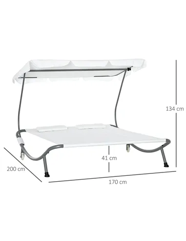 Outsunny Double Sun Lounger with Adjustable Detachable Canopy, Portable Garden Daybed for 2 with Wheels, Outdoor Sunbed Hammock 