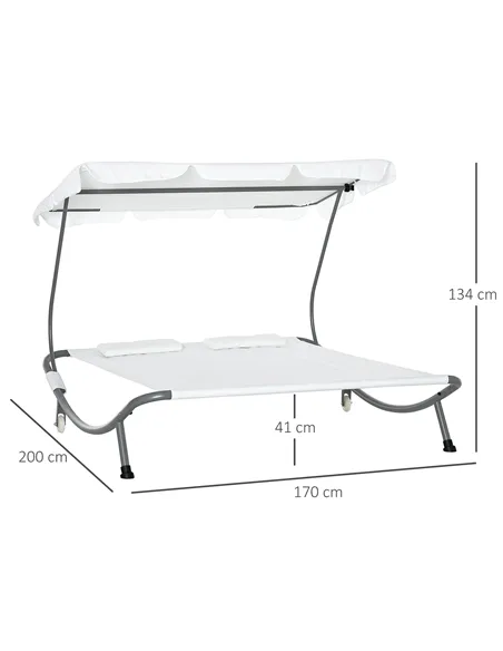 Outsunny Double Sun Lounger with Adjustable Detachable Canopy, Portable Garden Daybed for 2 with Wheels, Outdoor Sunbed Hammock 