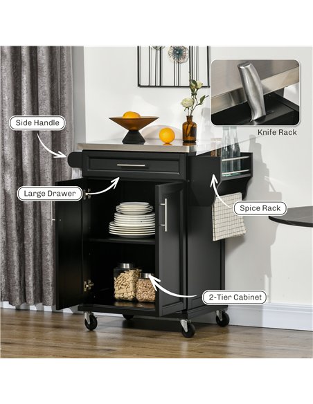HOMCOM Wooden Kitchen Island on Wheels, Serving Cart Storage Trolley with Stainless Steel Top, Drawer, Side Handle and Rack, Bla