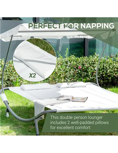 Outsunny Double Sun Lounger with Adjustable Detachable Canopy, Portable Garden Daybed for 2 with Wheels, Outdoor Sunbed Hammock 