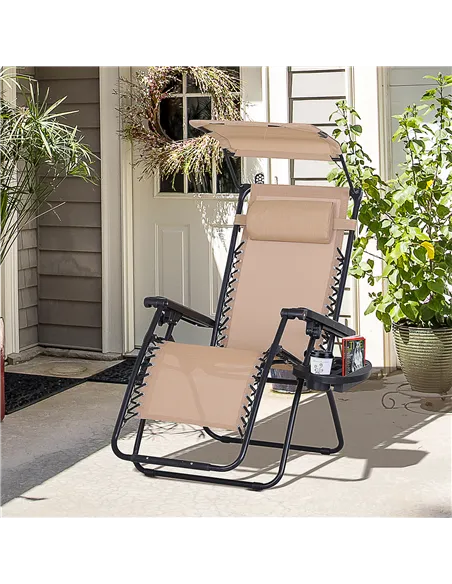 Outsunny Foldable Reclining Garden Chair with Headrest, Zero Gravity Deck Sun Lounger Seat Chair with Footrest, Armrest, Cup Hol