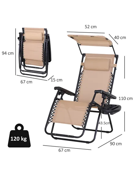 Outsunny Foldable Reclining Garden Chair with Headrest, Zero Gravity Deck Sun Lounger Seat Chair with Footrest, Armrest, Cup Hol