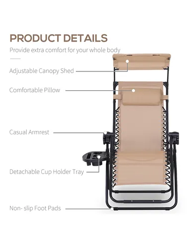 Outsunny Foldable Reclining Garden Chair with Headrest, Zero Gravity Deck Sun Lounger Seat Chair with Footrest, Armrest, Cup Hol