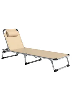 Outsunny Foldable Outdoor Sun Lounger, Reclining Lounge Chair Camping Bed Cot with Pillow 4-Level Adjustable Back Aluminium Fram