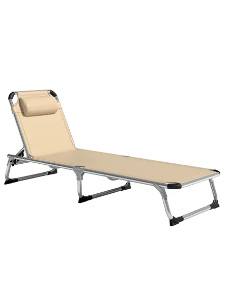 Outsunny Foldable Outdoor Sun Lounger, Reclining Lounge Chair Camping Bed Cot with Pillow 4-Level Adjustable Back Aluminium Fram