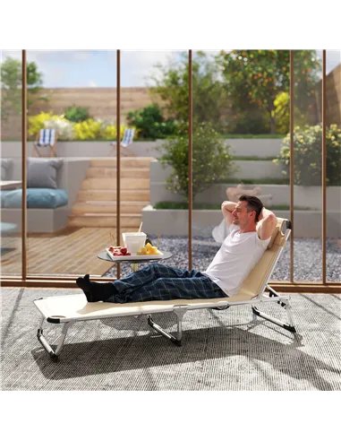 Outsunny Foldable Outdoor Sun Lounger, Reclining Lounge Chair Camping Bed Cot with Pillow 4-Level Adjustable Back Aluminium Fram