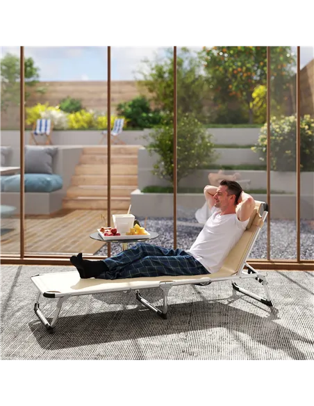Outsunny Foldable Outdoor Sun Lounger, Reclining Lounge Chair Camping Bed Cot with Pillow 4-Level Adjustable Back Aluminium Fram