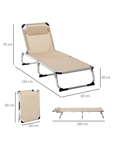 Outsunny Foldable Outdoor Sun Lounger, Reclining Lounge Chair Camping Bed Cot with Pillow 4-Level Adjustable Back Aluminium Fram