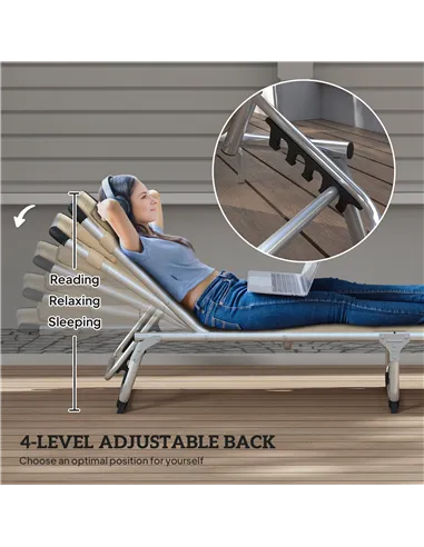 Outsunny Foldable Outdoor Sun Lounger, Reclining Lounge Chair Camping Bed Cot with Pillow 4-Level Adjustable Back Aluminium Fram