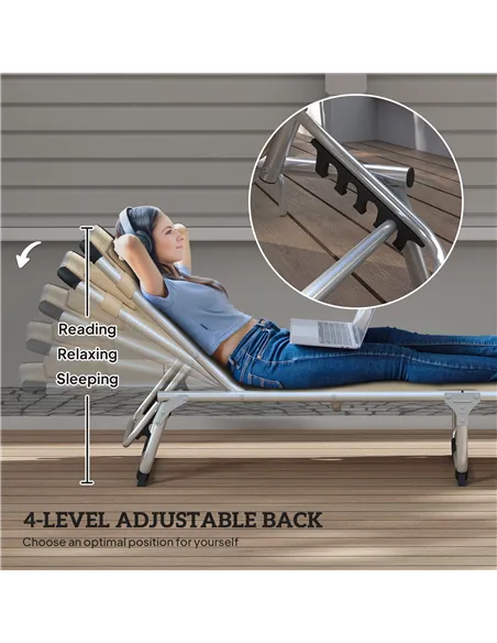 Outsunny Foldable Outdoor Sun Lounger, Reclining Lounge Chair Camping Bed Cot with Pillow 4-Level Adjustable Back Aluminium Fram