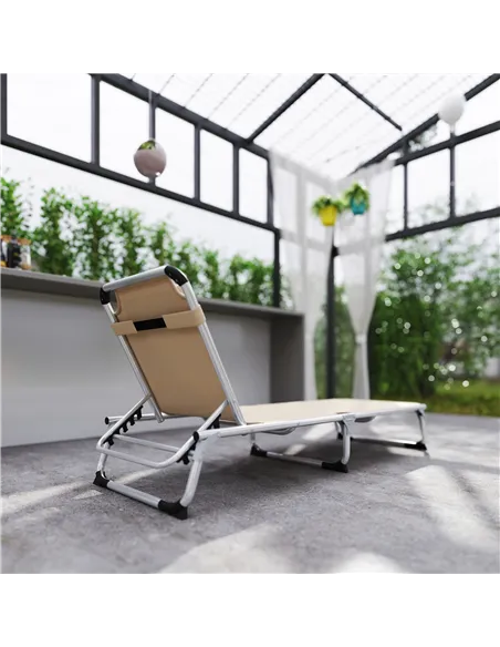 Outsunny Foldable Outdoor Sun Lounger, Reclining Lounge Chair Camping Bed Cot with Pillow 4-Level Adjustable Back Aluminium Fram