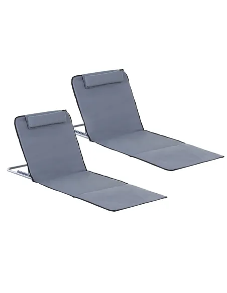 Outsunny Set of 2 Foldable Garden Beach Chair Mat Lightweight Outdoor Sun Lounger Seats Adjustable Back Metal Frame PE Fabric He