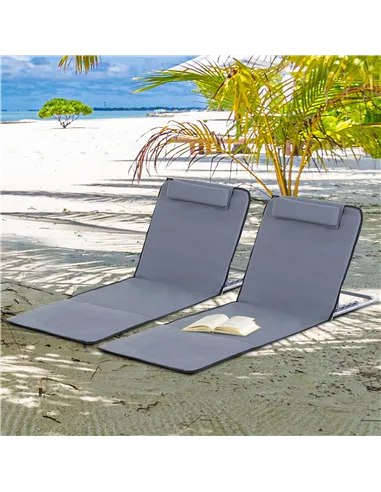 Outsunny Set of 2 Foldable Garden Beach Chair Mat Lightweight Outdoor Sun Lounger Seats Adjustable Back Metal Frame PE Fabric He