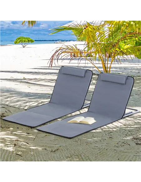 Outsunny Set of 2 Foldable Garden Beach Chair Mat Lightweight Outdoor Sun Lounger Seats Adjustable Back Metal Frame PE Fabric He