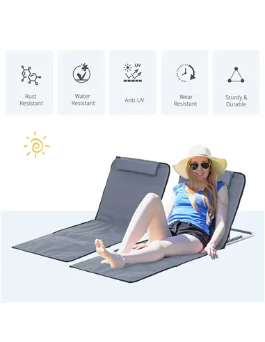 Outsunny Set of 2 Foldable Garden Beach Chair Mat Lightweight Outdoor Sun Lounger Seats Adjustable Back Metal Frame PE Fabric He