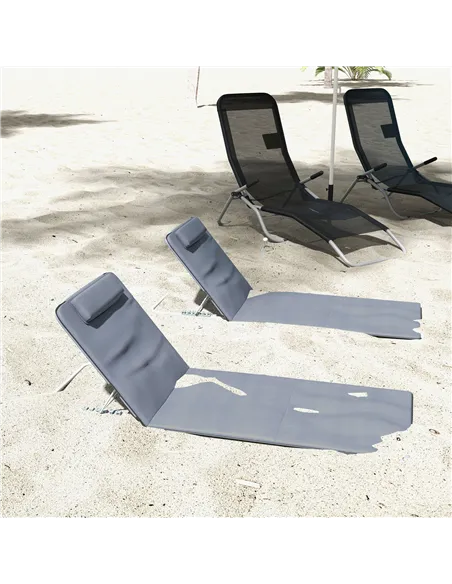 Outsunny Set of 2 Foldable Garden Beach Chair Mat Lightweight Outdoor Sun Lounger Seats Adjustable Back Metal Frame PE Fabric He