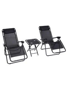 Outsunny Folding Zero Gravity Chairs, 3 Pieces Adjustable Sun Lounger and Table Set with Cup Holder and Headrest, Patio Bistro S