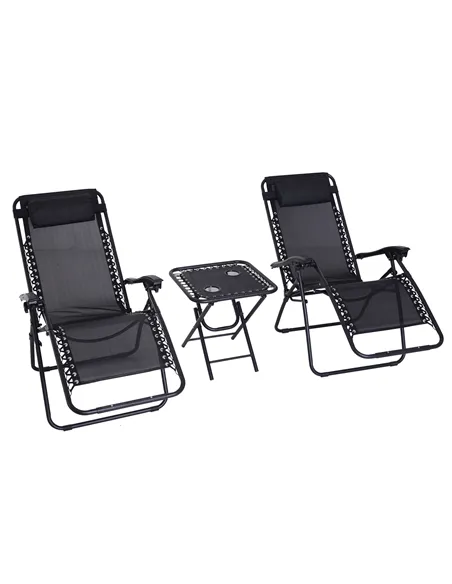 Outsunny Folding Zero Gravity Chairs, 3 Pieces Adjustable Sun Lounger and Table Set with Cup Holder and Headrest, Patio Bistro S