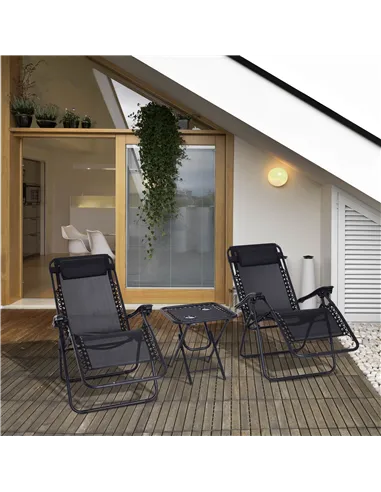 Outsunny Folding Zero Gravity Chairs, 3 Pieces Adjustable Sun Lounger and Table Set with Cup Holder and Headrest, Patio Bistro S