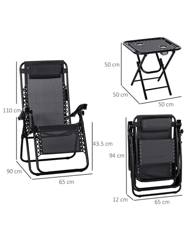 Outsunny Folding Zero Gravity Chairs, 3 Pieces Adjustable Sun Lounger and Table Set with Cup Holder and Headrest, Patio Bistro S