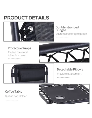 Outsunny Folding Zero Gravity Chairs, 3 Pieces Adjustable Sun Lounger and Table Set with Cup Holder and Headrest, Patio Bistro S