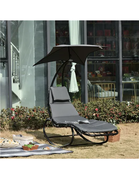 Outsunny Patio Rocking Chaise Lounge Rocking Bed with Canopy Cushion Headrest Pillow