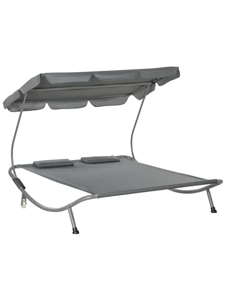 Outsunny Double Sun Lounger with Adjustable Detachable Canopy, Portable Garden Daybed for 2 with Wheels, Outdoor Sunbed Hammock 