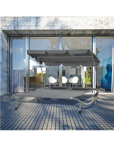 Outsunny Double Sun Lounger with Adjustable Detachable Canopy, Portable Garden Daybed for 2 with Wheels, Outdoor Sunbed Hammock 