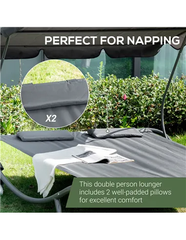 Outsunny Double Sun Lounger with Adjustable Detachable Canopy, Portable Garden Daybed for 2 with Wheels, Outdoor Sunbed Hammock 