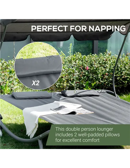Outsunny Double Sun Lounger with Adjustable Detachable Canopy, Portable Garden Daybed for 2 with Wheels, Outdoor Sunbed Hammock 