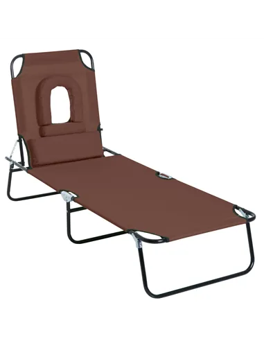 Outsunny Outdoor Folding Sun Lounger with Face Hole, 4 Level Adjustable Backrest Reclining Garden Lounger, Garden Recliner Sunbe