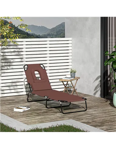 Outsunny Outdoor Folding Sun Lounger with Face Hole, 4 Level Adjustable Backrest Reclining Garden Lounger, Garden Recliner Sunbe