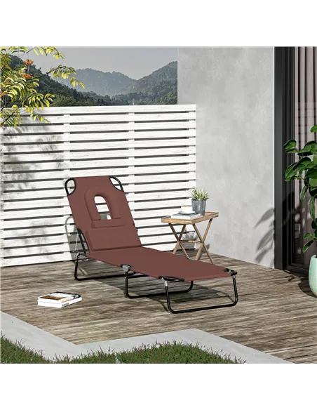 Outsunny Outdoor Folding Sun Lounger with Face Hole, 4 Level Adjustable Backrest Reclining Garden Lounger, Garden Recliner Sunbe