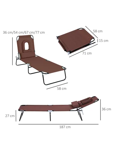 Outsunny Outdoor Folding Sun Lounger with Face Hole, 4 Level Adjustable Backrest Reclining Garden Lounger, Garden Recliner Sunbe