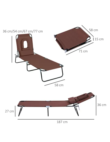 Outsunny Outdoor Folding Sun Lounger with Face Hole, 4 Level Adjustable Backrest Reclining Garden Lounger, Garden Recliner Sunbe