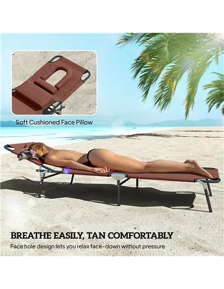 Outsunny Outdoor Folding Sun Lounger with Face Hole, 4 Level Adjustable Backrest Reclining Garden Lounger, Garden Recliner Sunbe